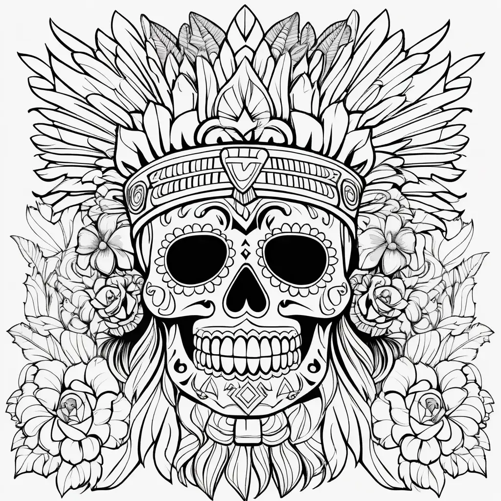 Coloring page with sugar skull and aztec big head piece like montezuma