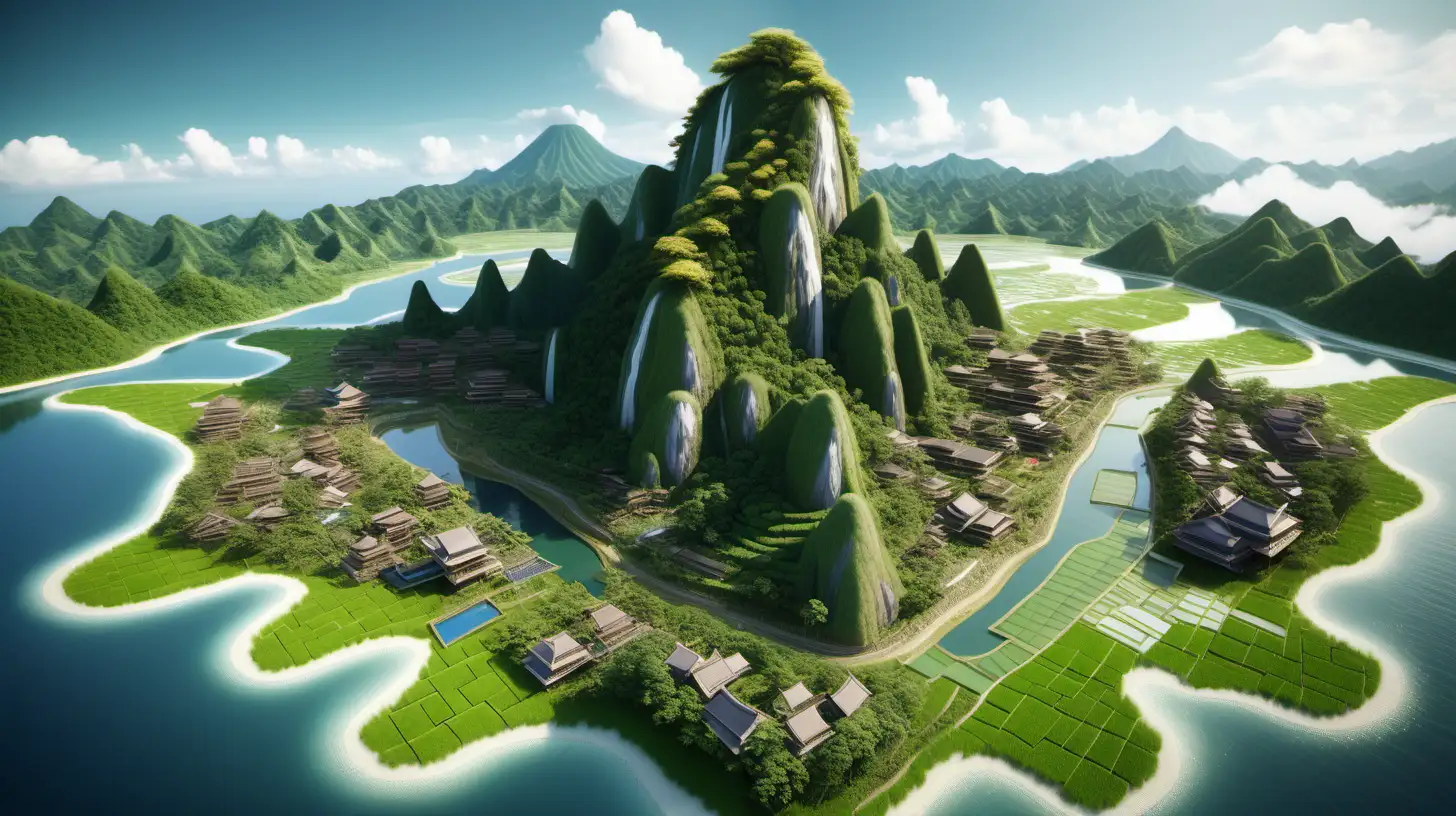 High resolution, realistic corner of a fantasy island with 3D rendering. Show 1/3 of Island 3; mountainous island based on japan or indonesia with lots of forest cover and one big mountain in the center. Focus on one side of the island showing rice paddy fields, tea plantations, and bamboo connected by advanced infrastructure.