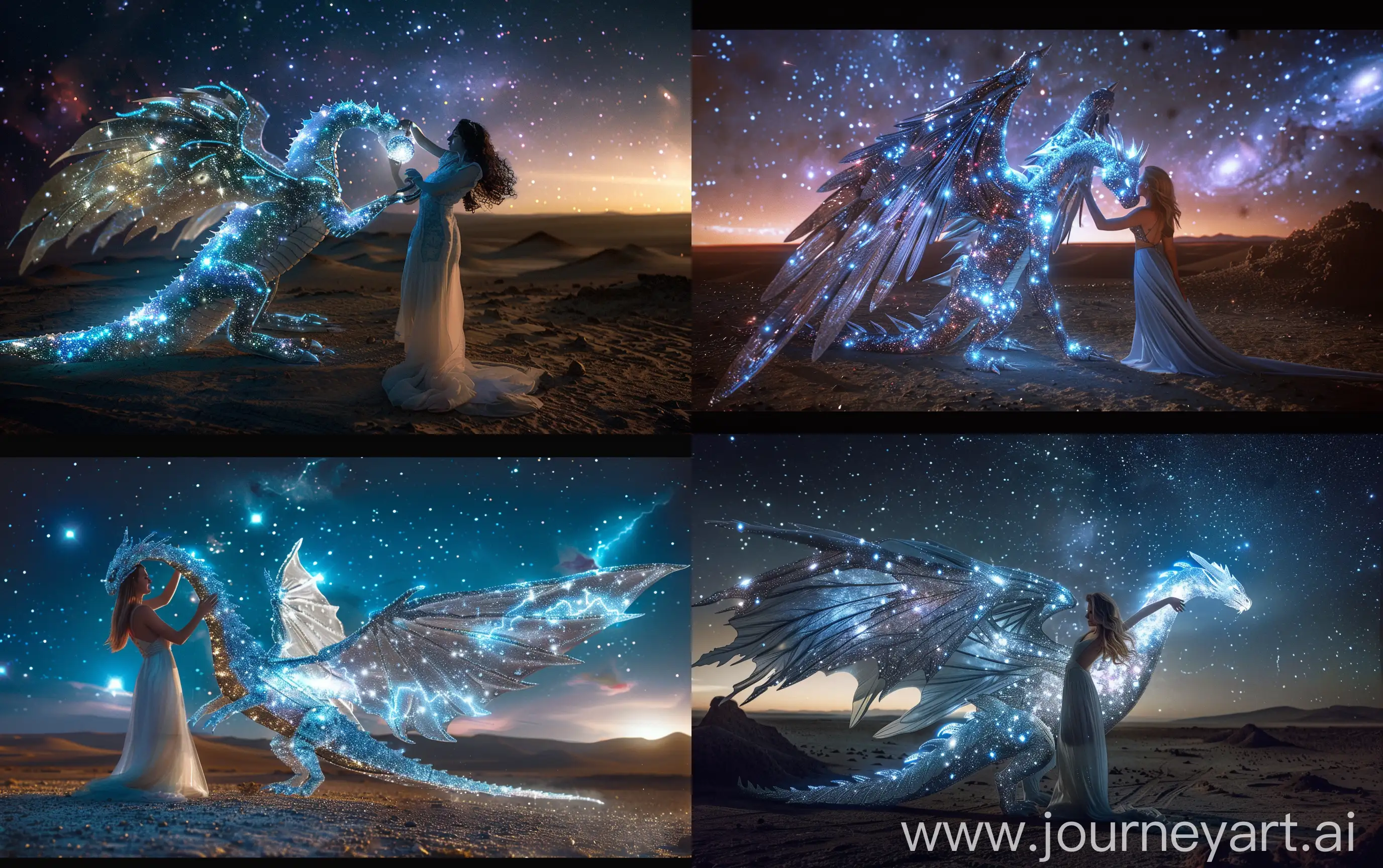 The winged space dragon, body is made of shining galaxies and stars, beautiful female model touches the dragon, the night dark desert with small hills, in the sky is deep space with bright nebulas, realistic, Kodak 35mm shot --ar 16:10