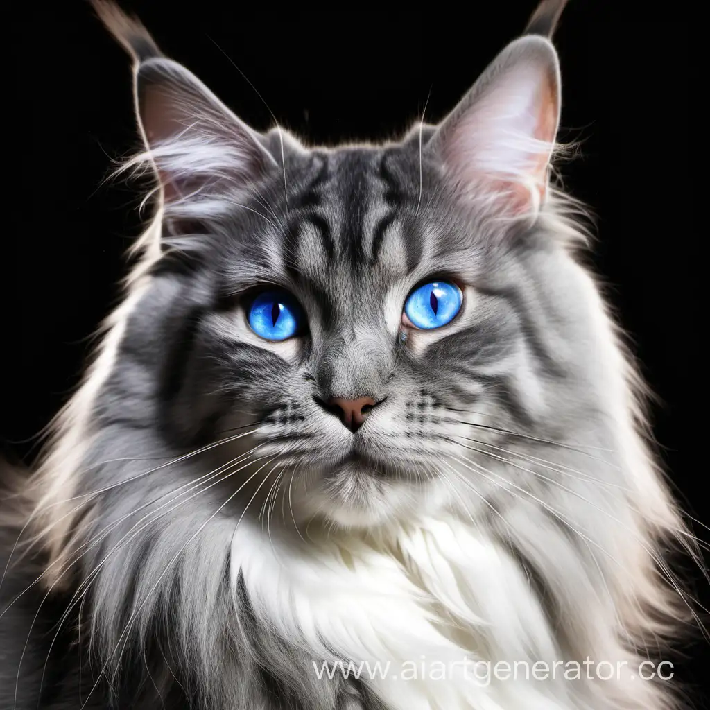 нарисуй мне взрослую кошку состоящую из 2 пород: мейкун, и русская голубоглазая. У кошки должны быть:  длинная шерсть и голубые глаза.