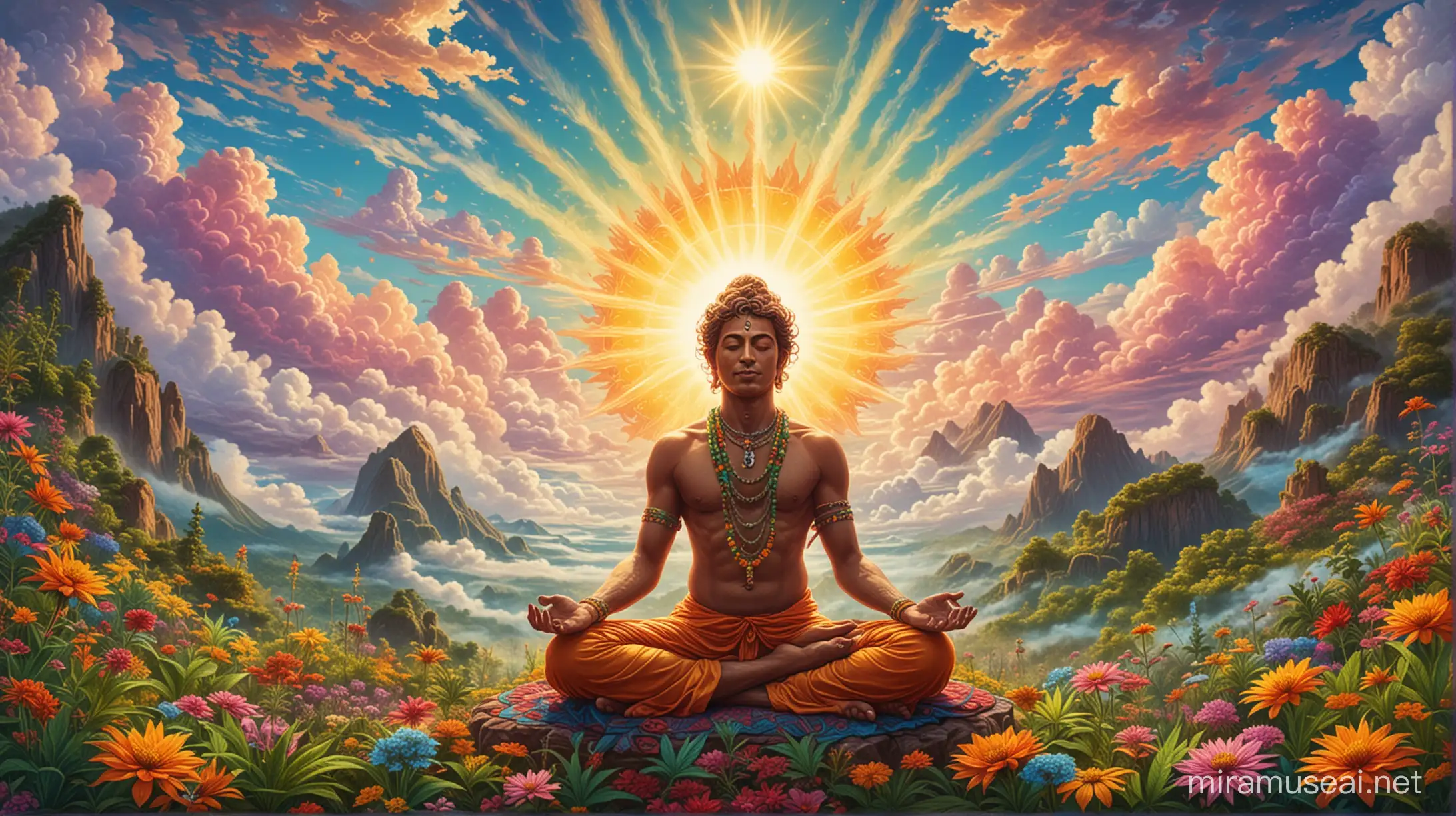 Psychedelic colors and patterns, a jungle of cannabis, flowers, bright sun, clouds, bright, vibrant colors with a shades of Siddharta meditating while seeing chakra points in his body