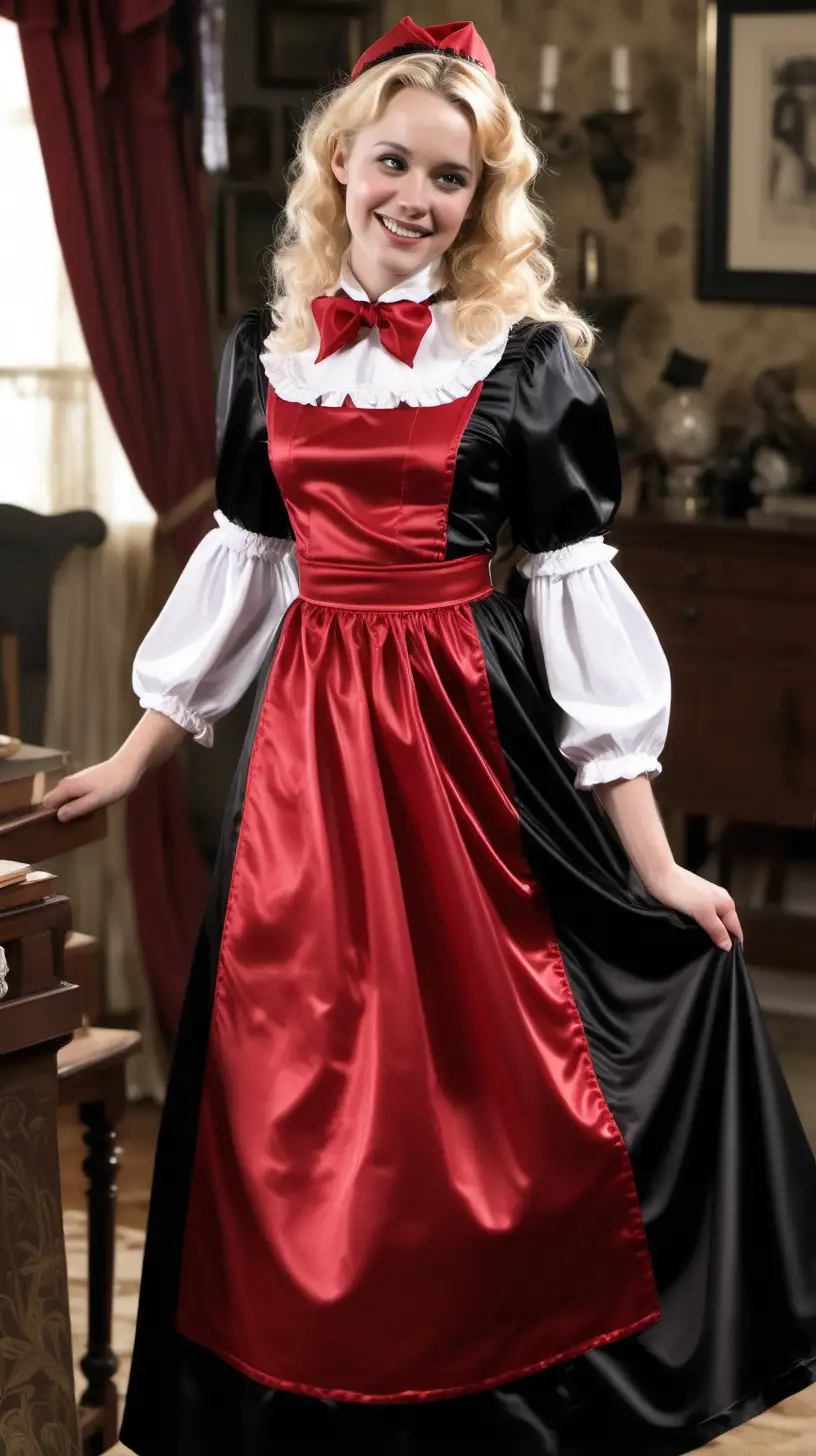 girls in long crystal silk satin red black lila retro victorian maid gown with red apron and peter pan colar and long and short sleeves costume and milf mothers long blonde and red hair,black hair rachel macadams  smile in big house