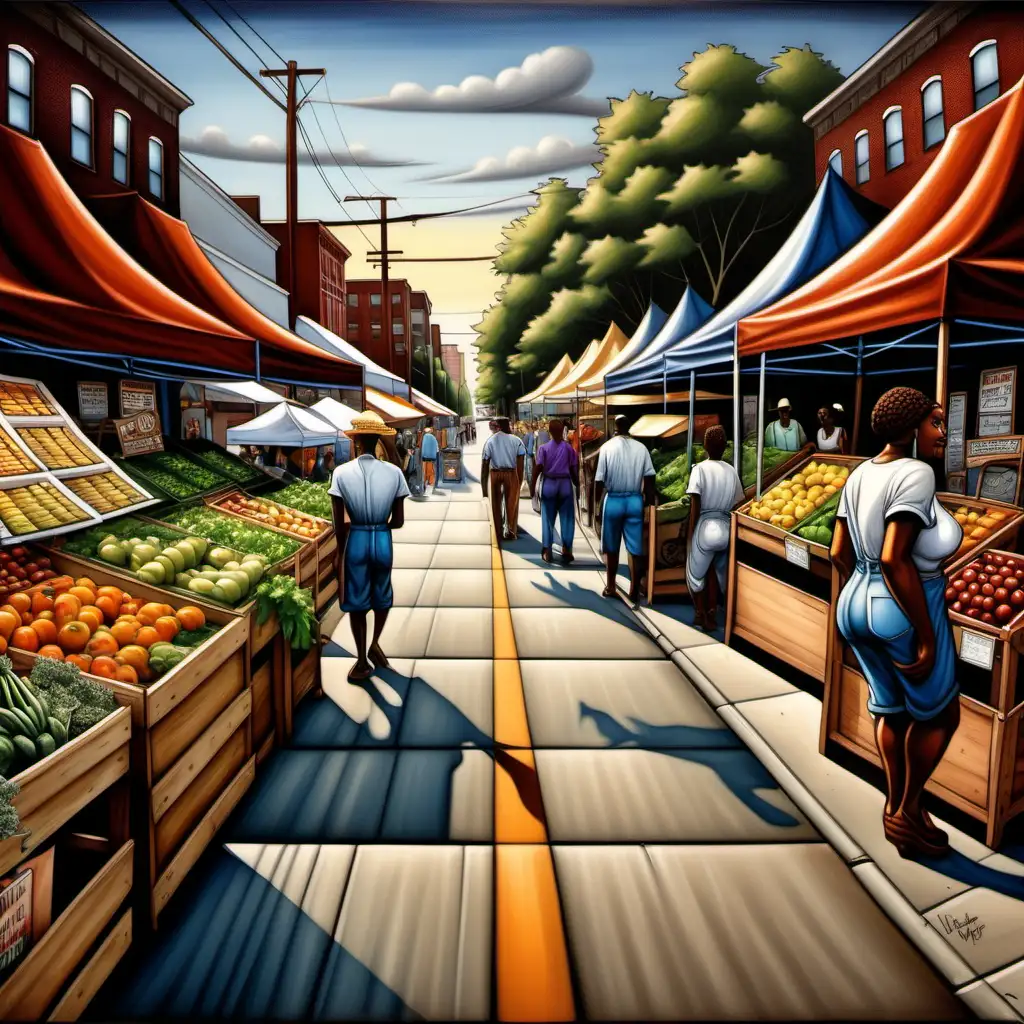 Vibrant Cartoon Scene Farmers Market Bustling with Ernie Barnes Style Energy