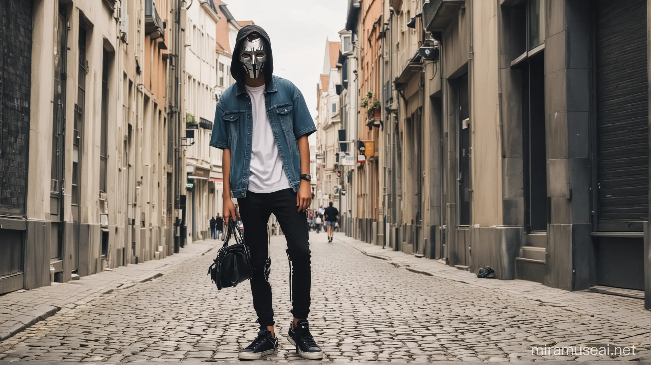 Seorang Remaja 16 Tahun Pake Topeng Hacker Pake Outfit keren pake sepatu Sedang berada Di Ibukota Belgia Pada Musim Panas☀️ suasana ramai 