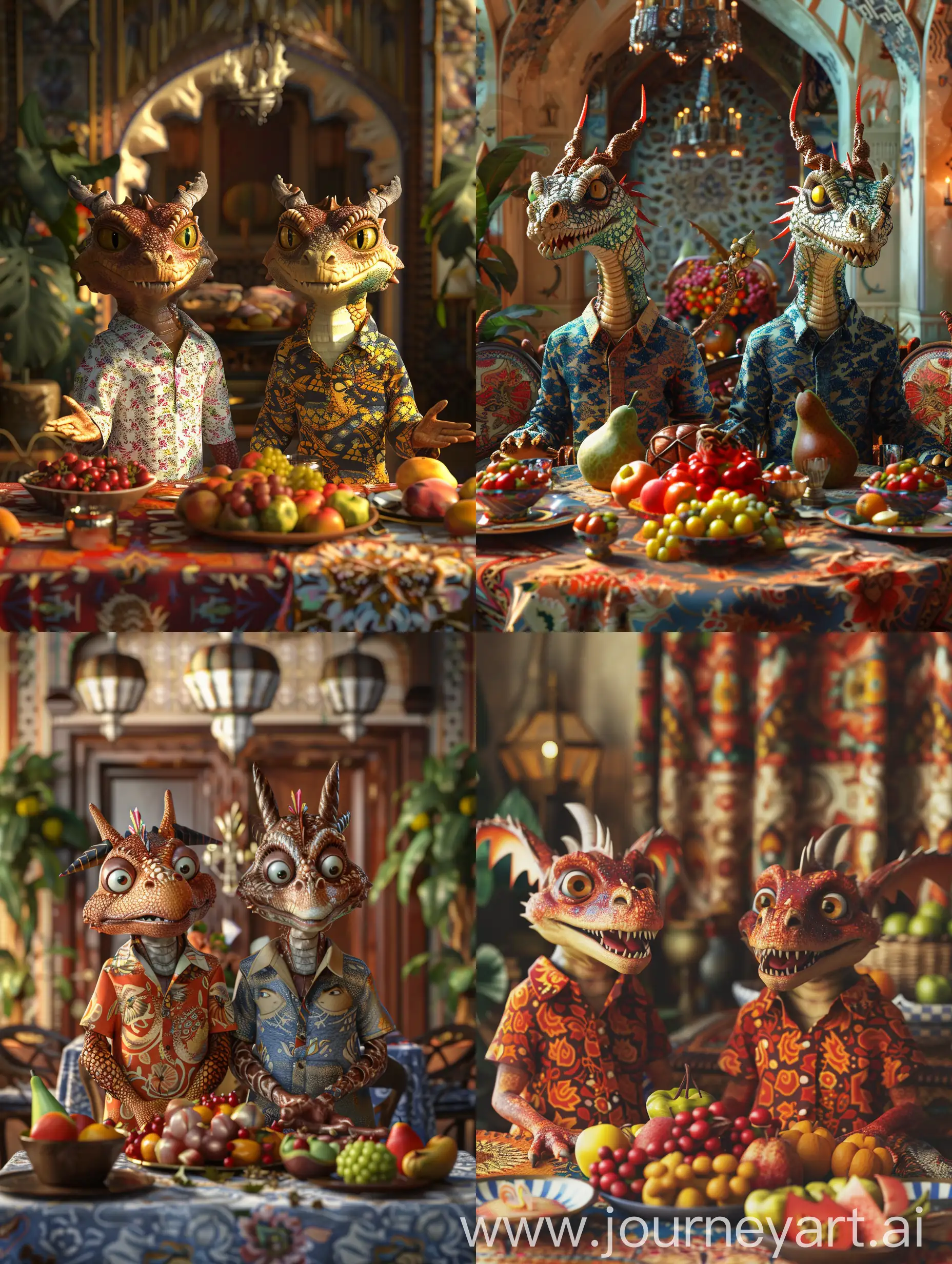 3D dragons wearing shirt from Brand named ADA SPORT,An Iranian family, Haftsin and fruits on the table, Iranian architecture, happy faces, formal clothes, Nowruz celebration, haftseen, iranian new year, charismatic, thief, fantasy ambiance, intricate details, cinematic lighting, ultra quality, wallpaper 8k, friendly face, good looking eyes, ((good hands))