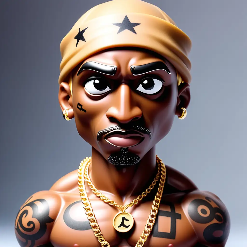 kawaii style plastic toy that looks like tupac. Must have bandana, tattoos and a gold necklace.