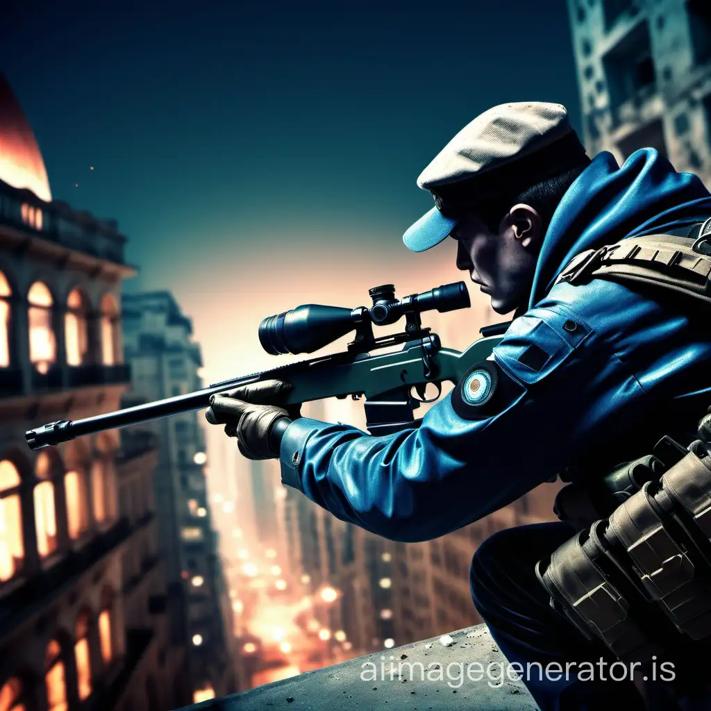 A sniper is aiming his enemy in a war city of light un background