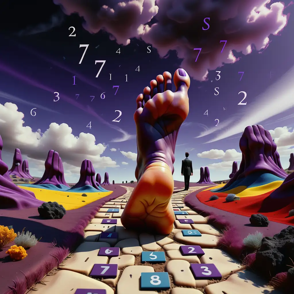 by the Amberissina, a foot stands on the ground pointing a hand at the sky cinematic, color correction, high-class, full of numbers, mathematical symbols, well-groomed, dark, in various black and purple tones, as well as primary colors, surreal landscape and elegant conceptual environment, surrealism is beautifully colored, crazy details, intricate details, beautifully colored, cinematic, color correction, high-end editor

