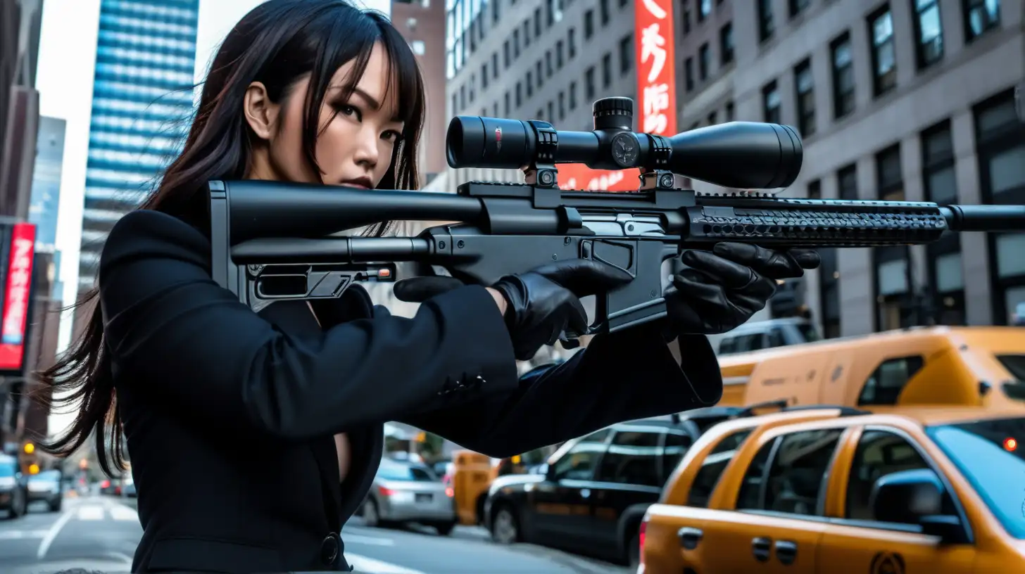 japanese, sexy, woman, operative, aiming a sniper rifle, wearing all black, in manhattan, in style of john wick