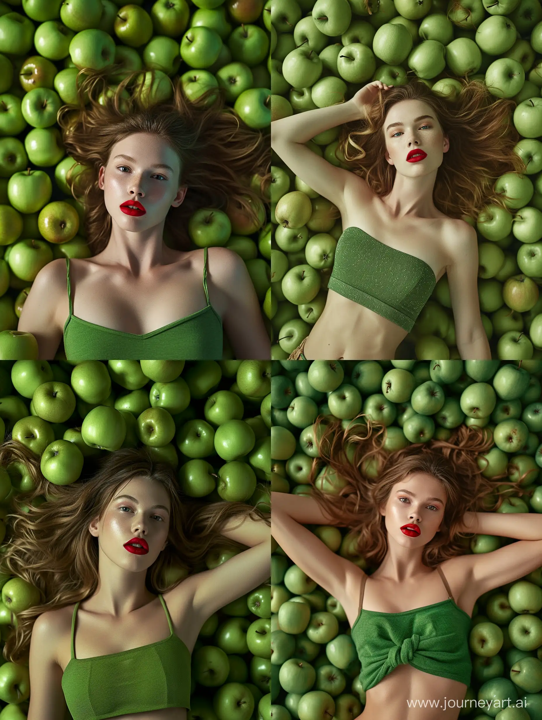 Fashionable-Female-Model-in-Apple-Green-Crop-Top-Amidst-a-Sea-of-Green-Apples