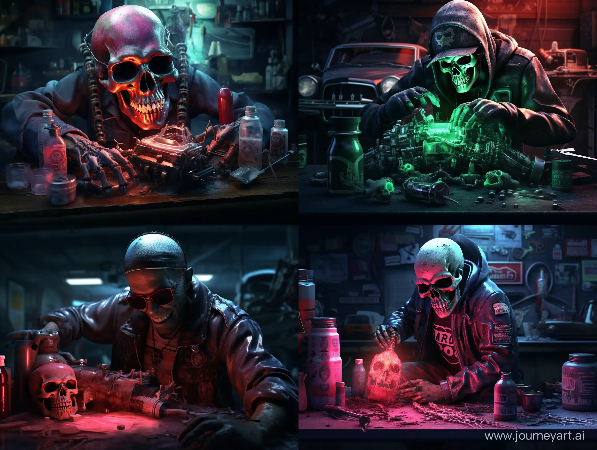 Ultra realistic, a mechanic is pouring poison into a car engine with an evil smile. on the poison bottle there is a skull logo and poison writing. the background of a car workshop. there is refraction of sunlight.