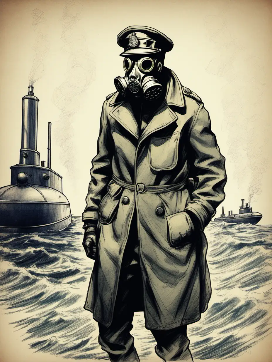 Gas Mask Soldier in Overcoat and Military Flat Cap Inside Submarine