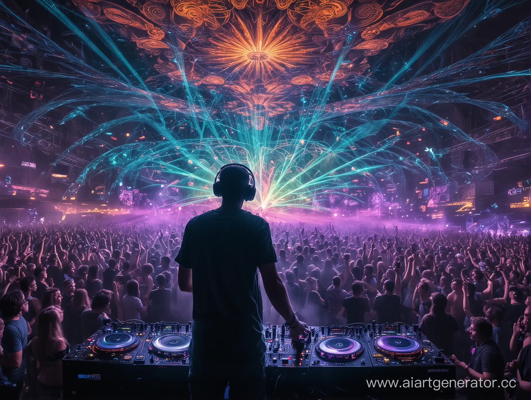 DJ PLAYING PSYTRANCE, LASER SHOW, CROWD, FRACTALS