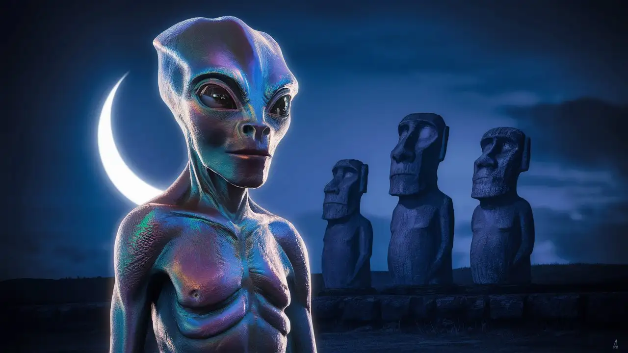 Portrait of iridescent Cryptid  Alien, posing with Easter Island Moai in background, crescent moon, blue hour