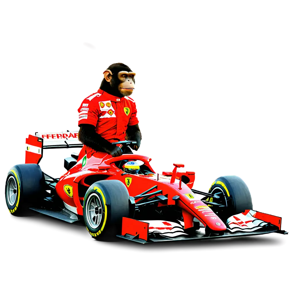 A monkey driving a Ferrari formula 1 car