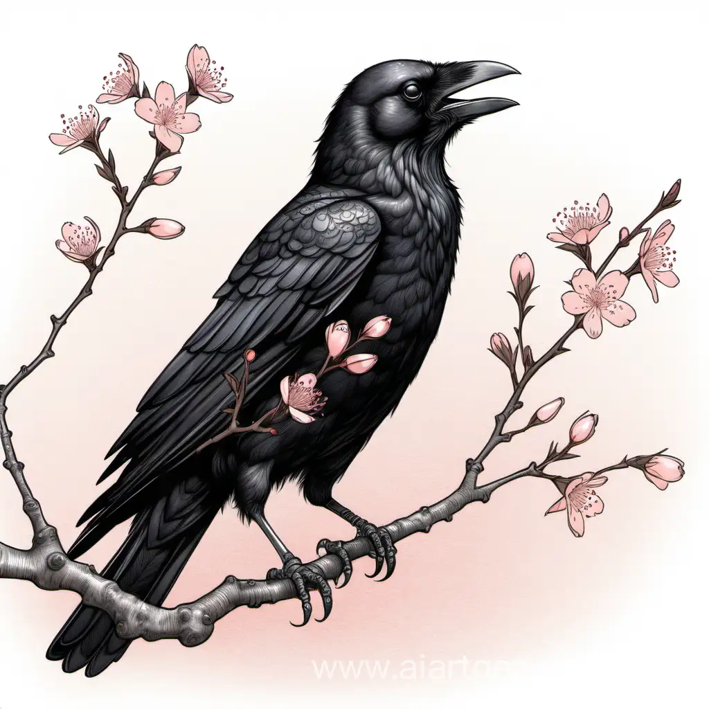 Рисунок ворона держащего тонкую веточку сакуры
