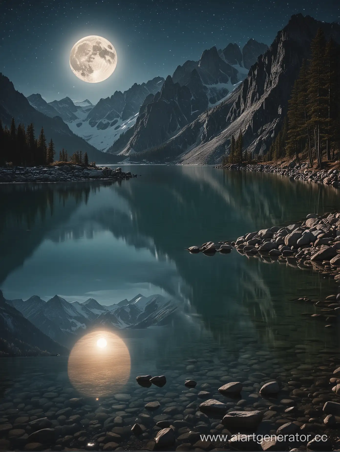 Serene-Lake-Scene-with-Majestic-Moonlit-Mountain