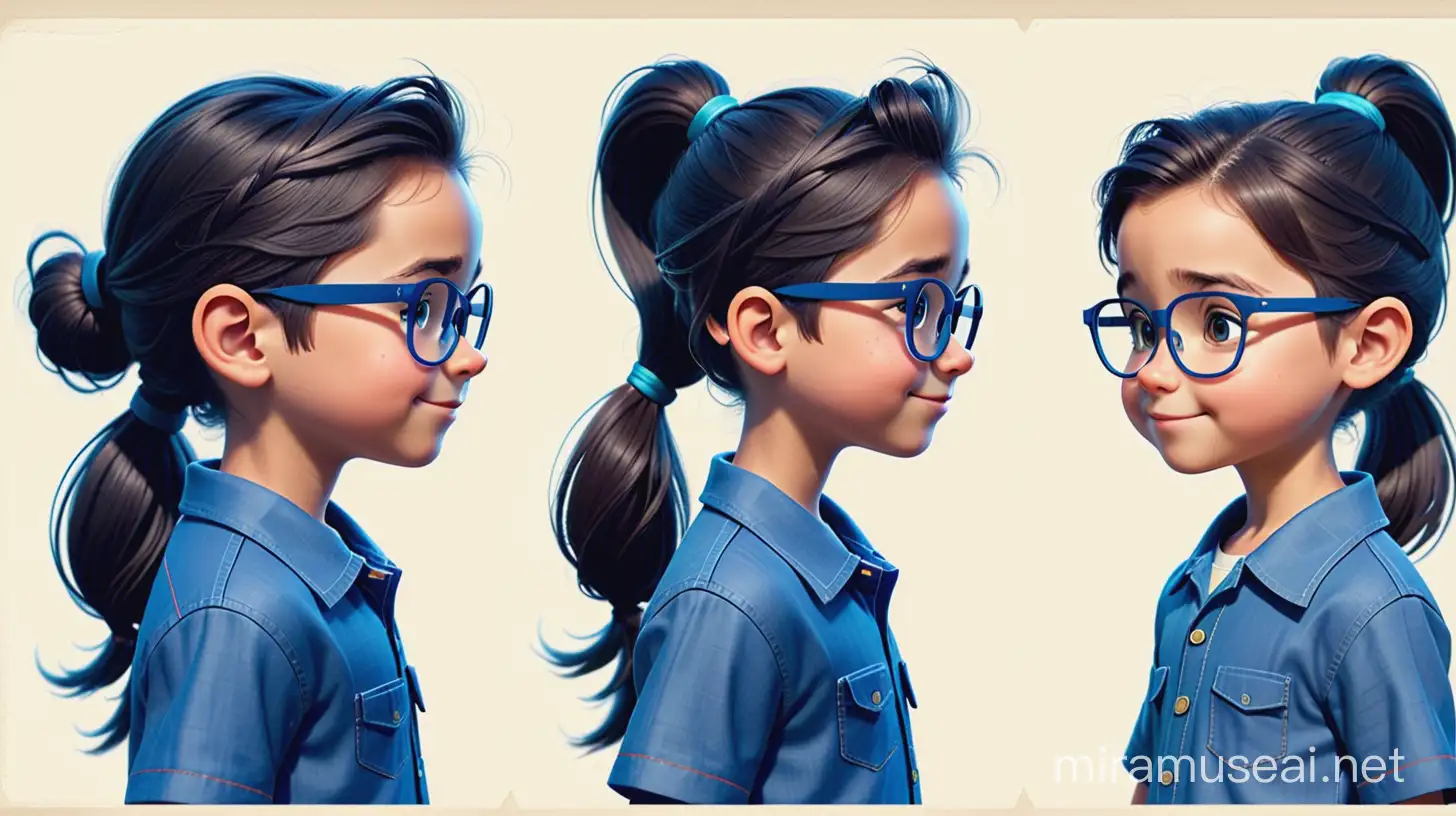 Pixar Style Blueprint Portrait of a 7YearOld Boy with Long Hair and Glasses