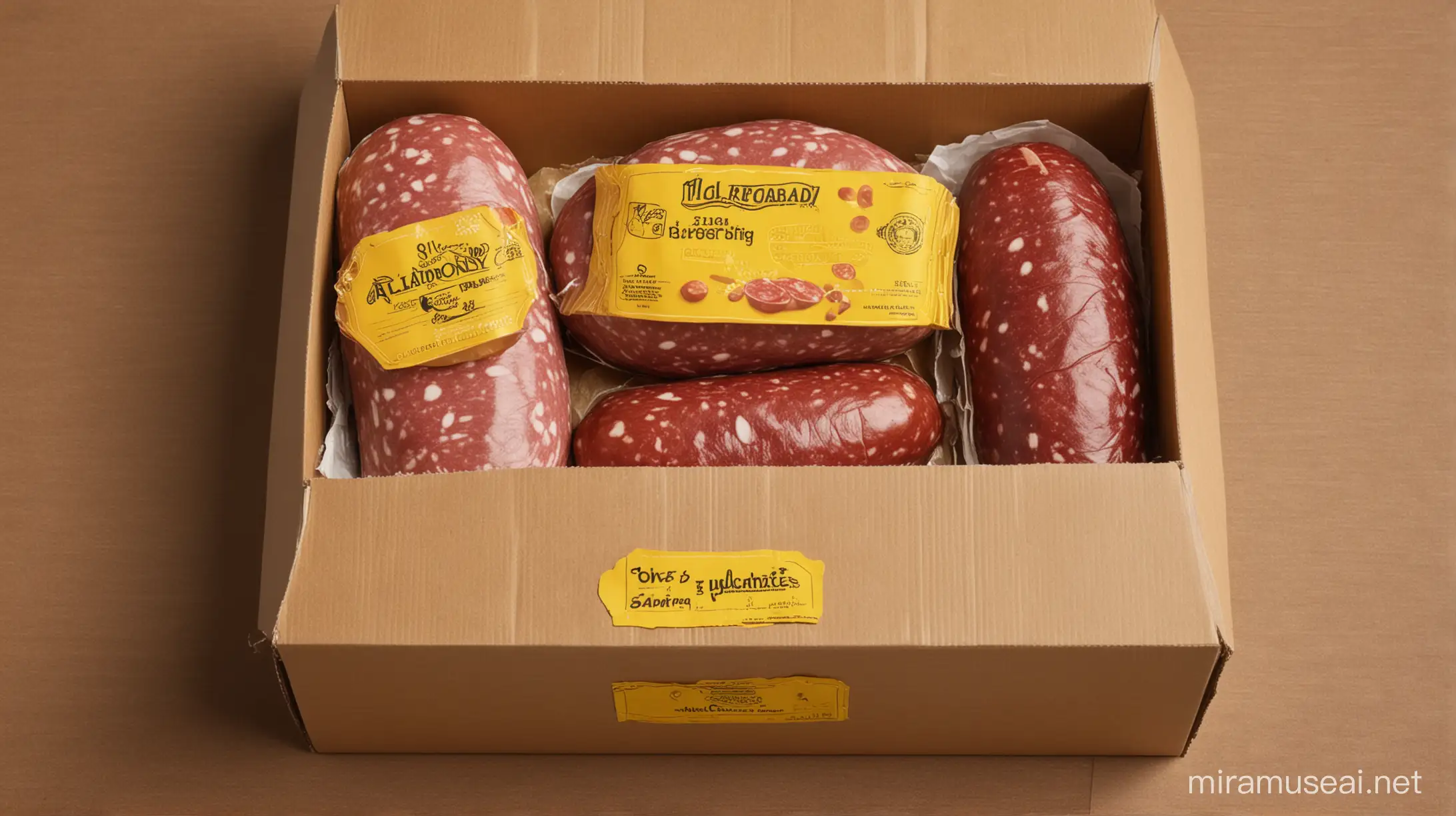 a cardboard box with one baloney and 2 salami in it. the box has 3 separate small yellow labels on one side.
