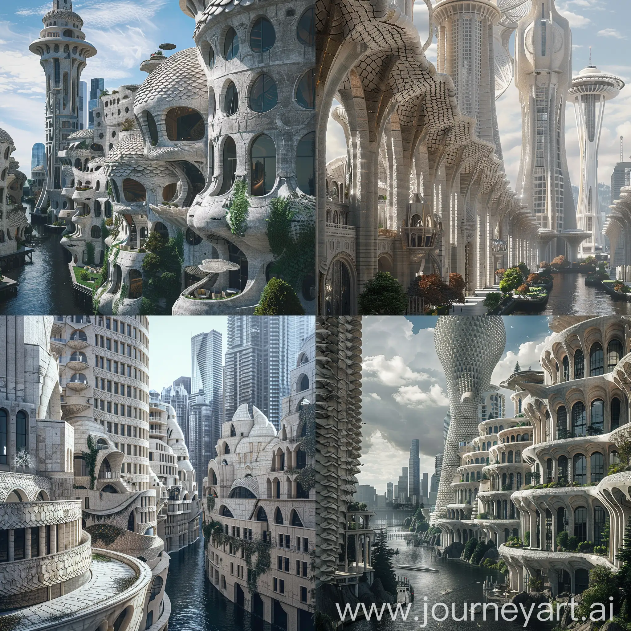 Beautiful futuristic metropolis in an alternate timeline where all buildings retain traditional elements, ornate travertine architecture with scale-like patterns on facades, monumental terraced skyscrapers, canals, Pacific Northwest climate, photograph