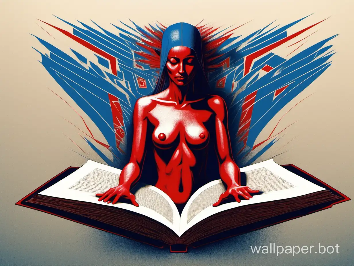 женщина обнажённая раскрашенная вполовину красным вполовину синим лишённая головы вместо головы раскрытая книга с таинственными знаками напоминающими ассирийскую клинопись футуризм