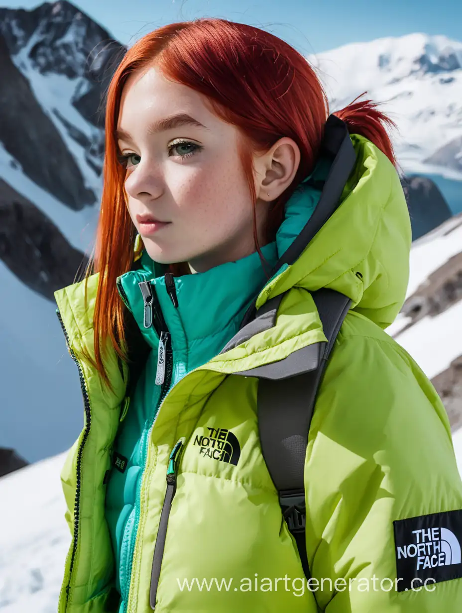 Девушка в норд фейсе с красними волосами и курткой лаймового цвета