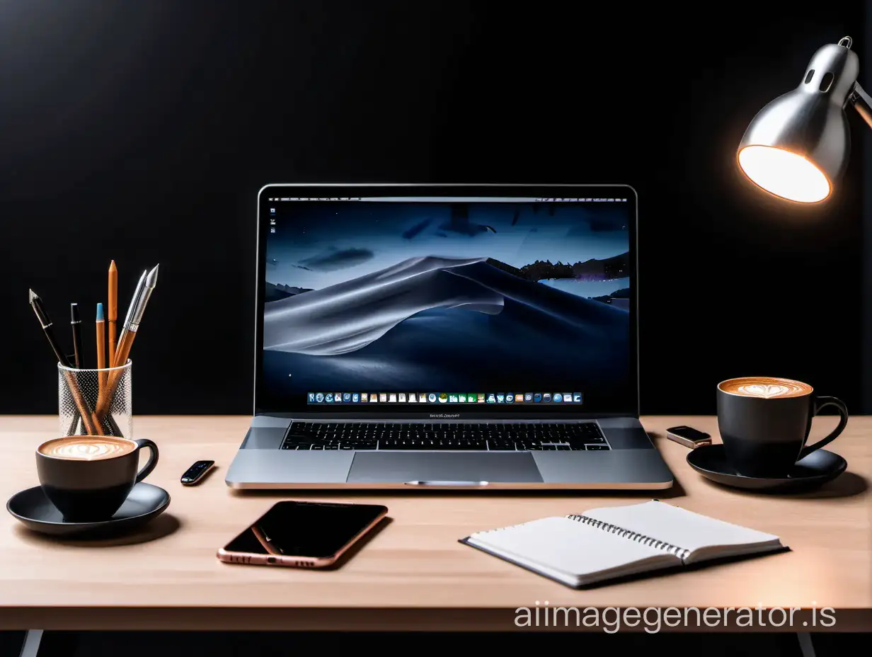 open macbook pro black screen on the desk with diary, pen, coffee mog, spectacle