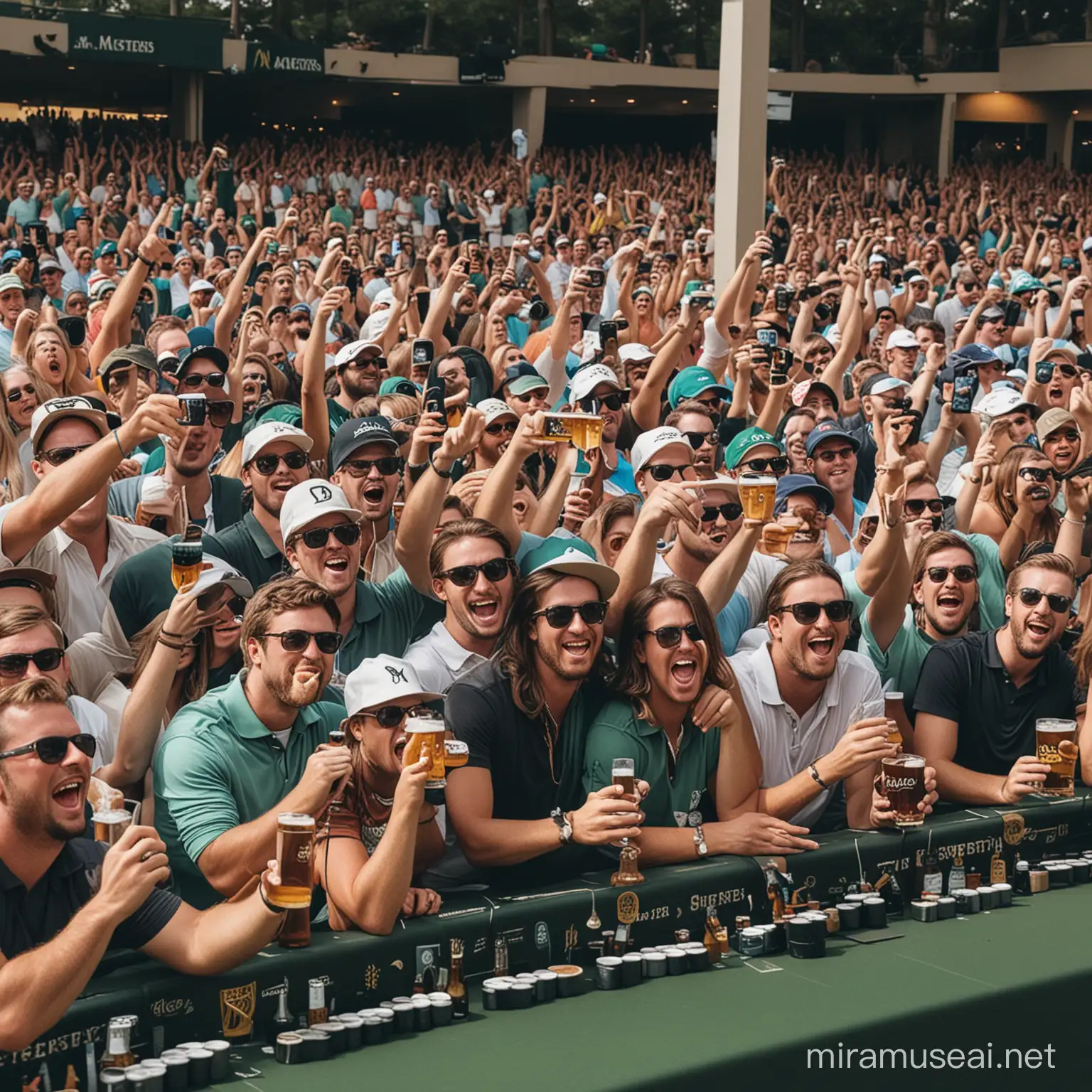 Create a image of the gallery at the Masters Golf Tournament, drinking beer partying, with a dj in the crowd
