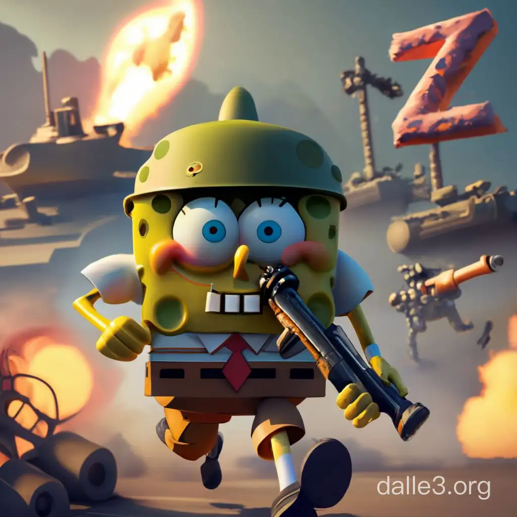 SpongeBob in military uniform and with a glowing letter Z on his helmet runs with a rocket launcher in his hands. explosions, tanks and pigs in the background. 3d