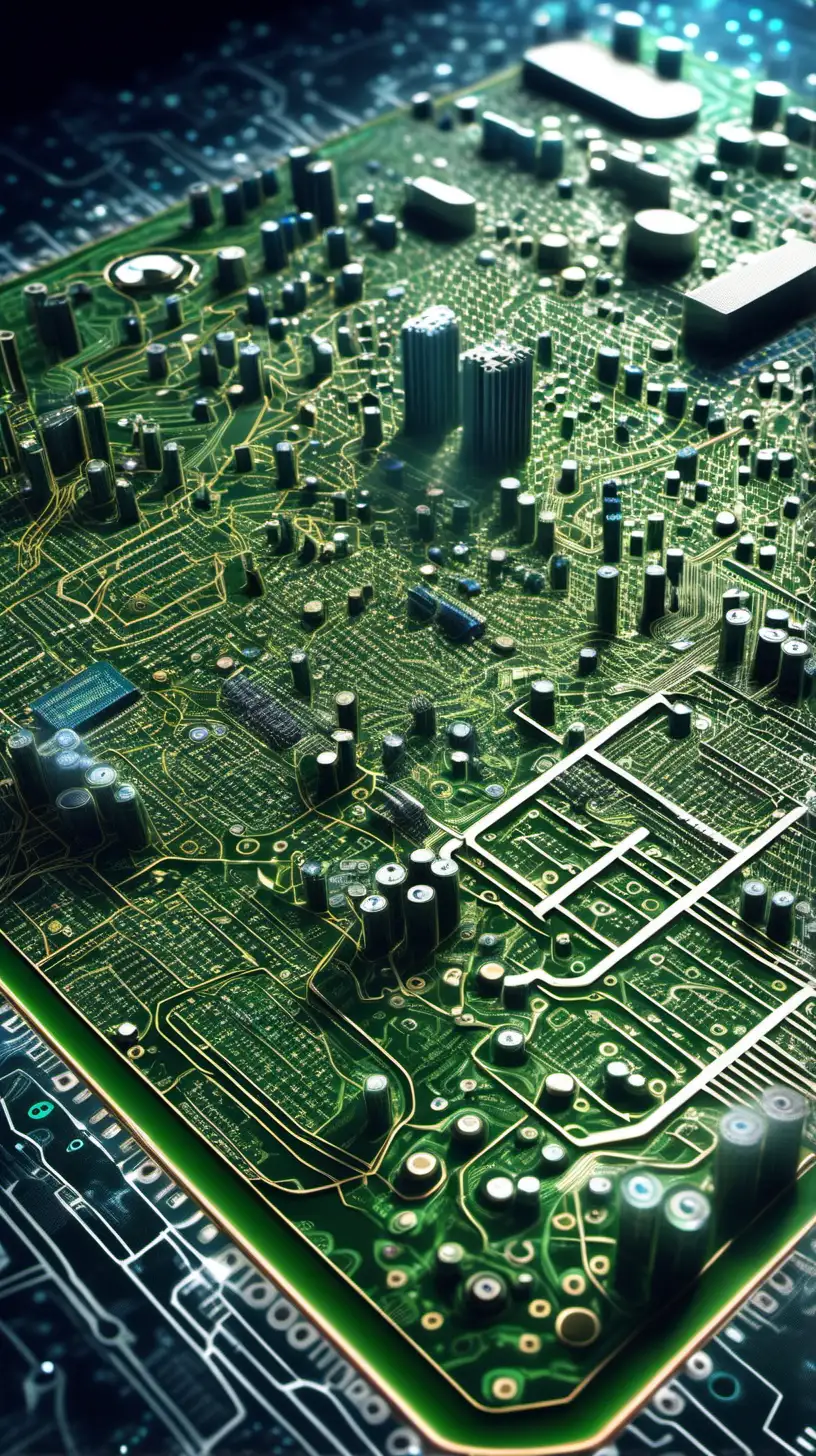 Futuristic QuantumAI Metropolis on a Circuit Board Microchip Cityscape with Realistic Details