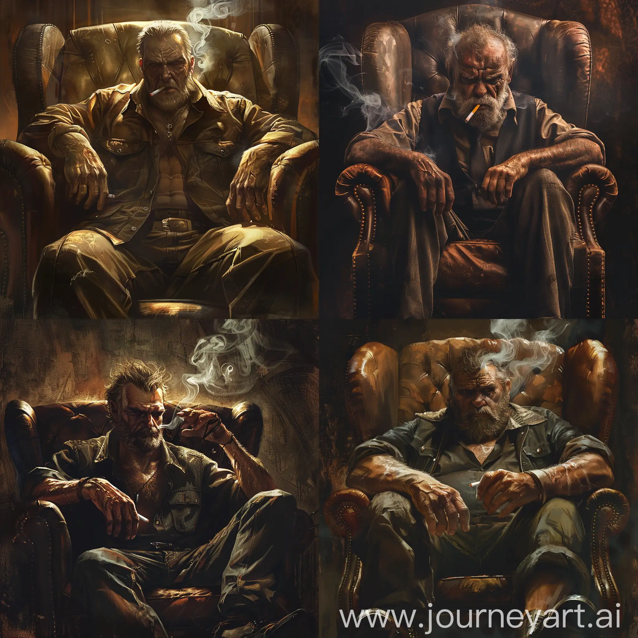 a gruff man smoking a cigarette sitting in a leather chair