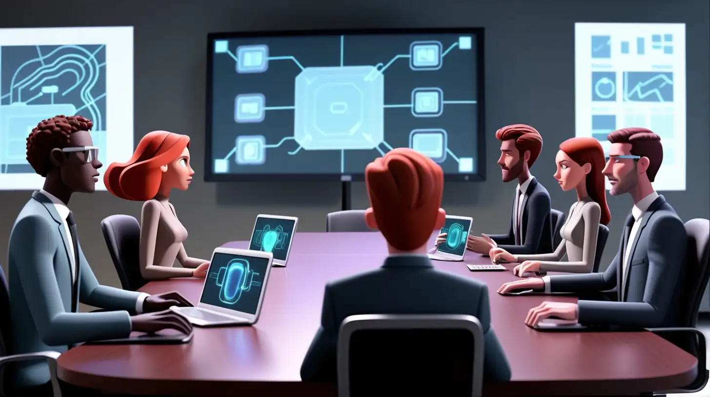 animated people sitting at a conference table where a screen with electronics is at the background