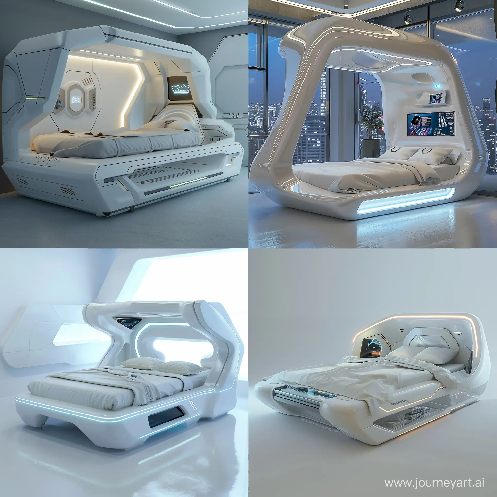 Futuristic bed, world of high tech, renewable materials, octane render