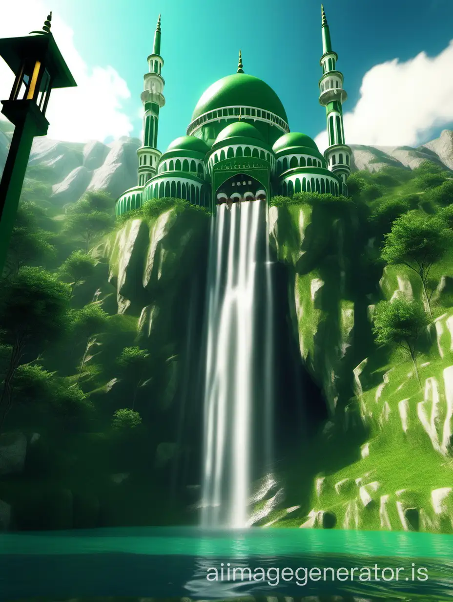 Mountain-Mosque-with-Waterfall-Serene-HighTop-View