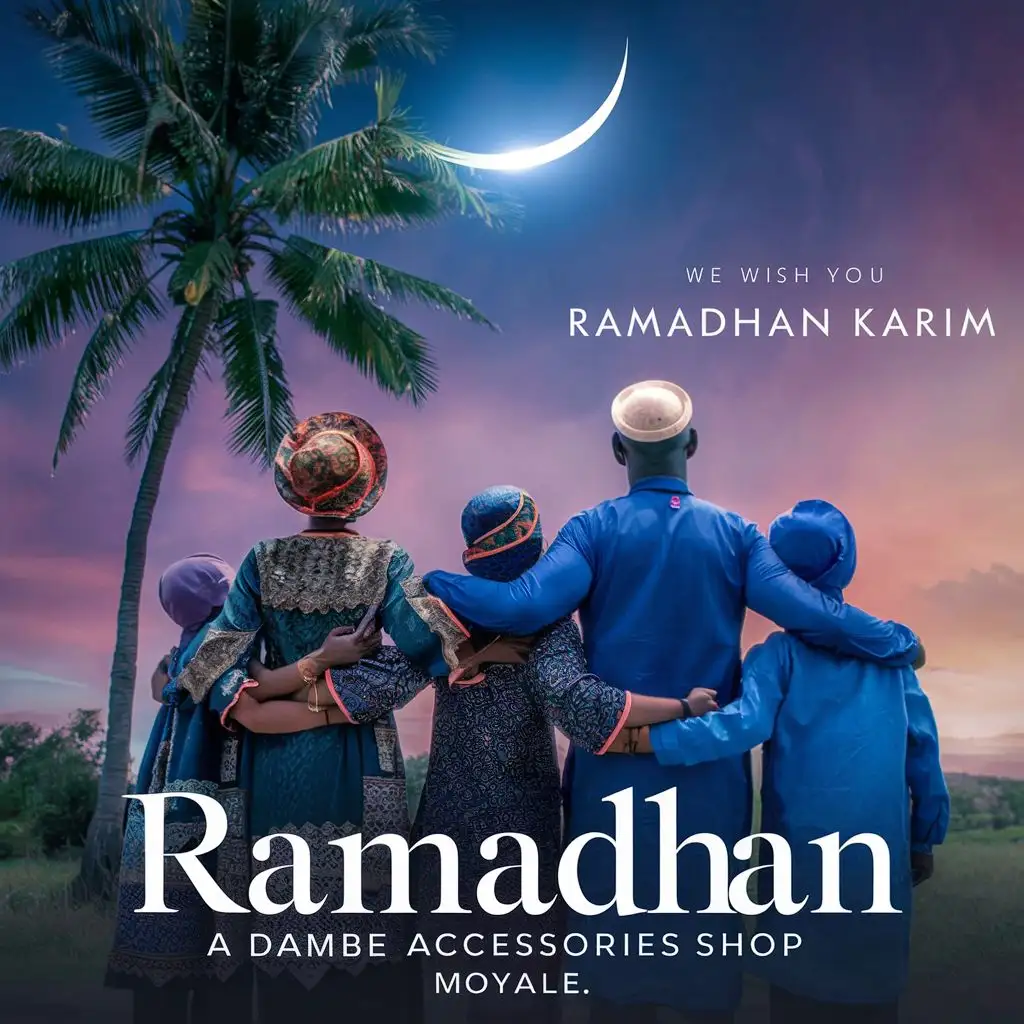 logo, A vivid image  African family of  with Islamic garment gathered at palm tree  looking up to evening bright crescent moon in the horizon. " WE WISH YOU RAMADHAN KARIM " in the background., with the text "RAMADHAN A DAMBE ACCESSORIES SHOP in large font size. MOYALE", typography, be used in Retail industry