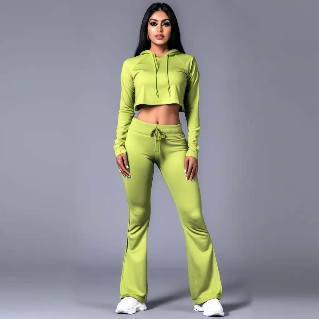 genererate 4 diffenct angle images of fit indian women wearing flare  sweatpants with side pockets colour lime green 
with drawstring in the front   polyster fabric and full sleeve crop tshirt 
