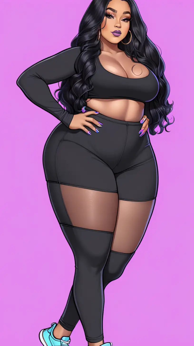 Full body, Spanish, black light skin woman. High cheek bones, Small size breast, curvy thick plus size body. Has long nails, voluptuous eyelashes, chinky small eyes, long black hair, wears black pants, a long sleeve crop top, Sneakers
