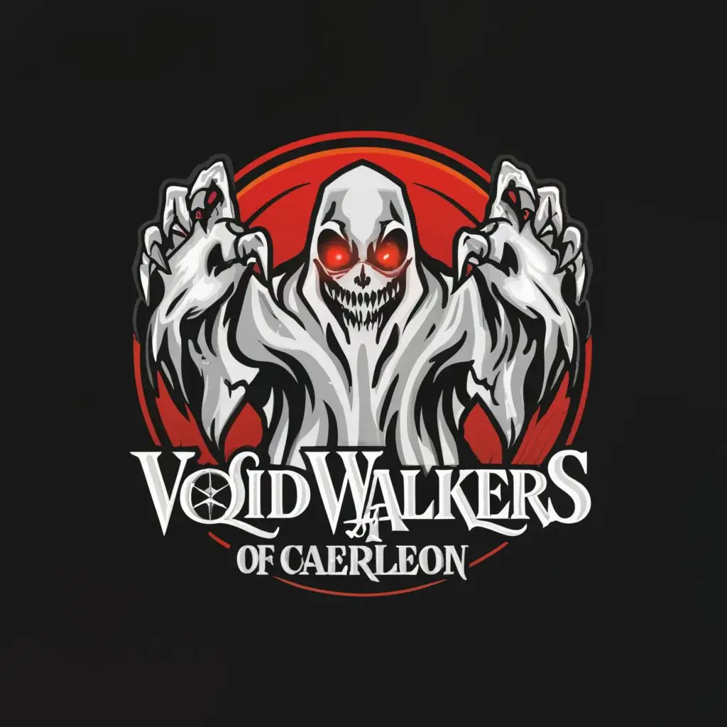 a logo design,with the text "VOIDWALKERS\Caerleon", main symbol:White ghost ghoul with red eyes + mouth spooking with hands above head. Text 'VOIDWALKERS' above logo. 'Caerleon' underneath logo,complex, clear background