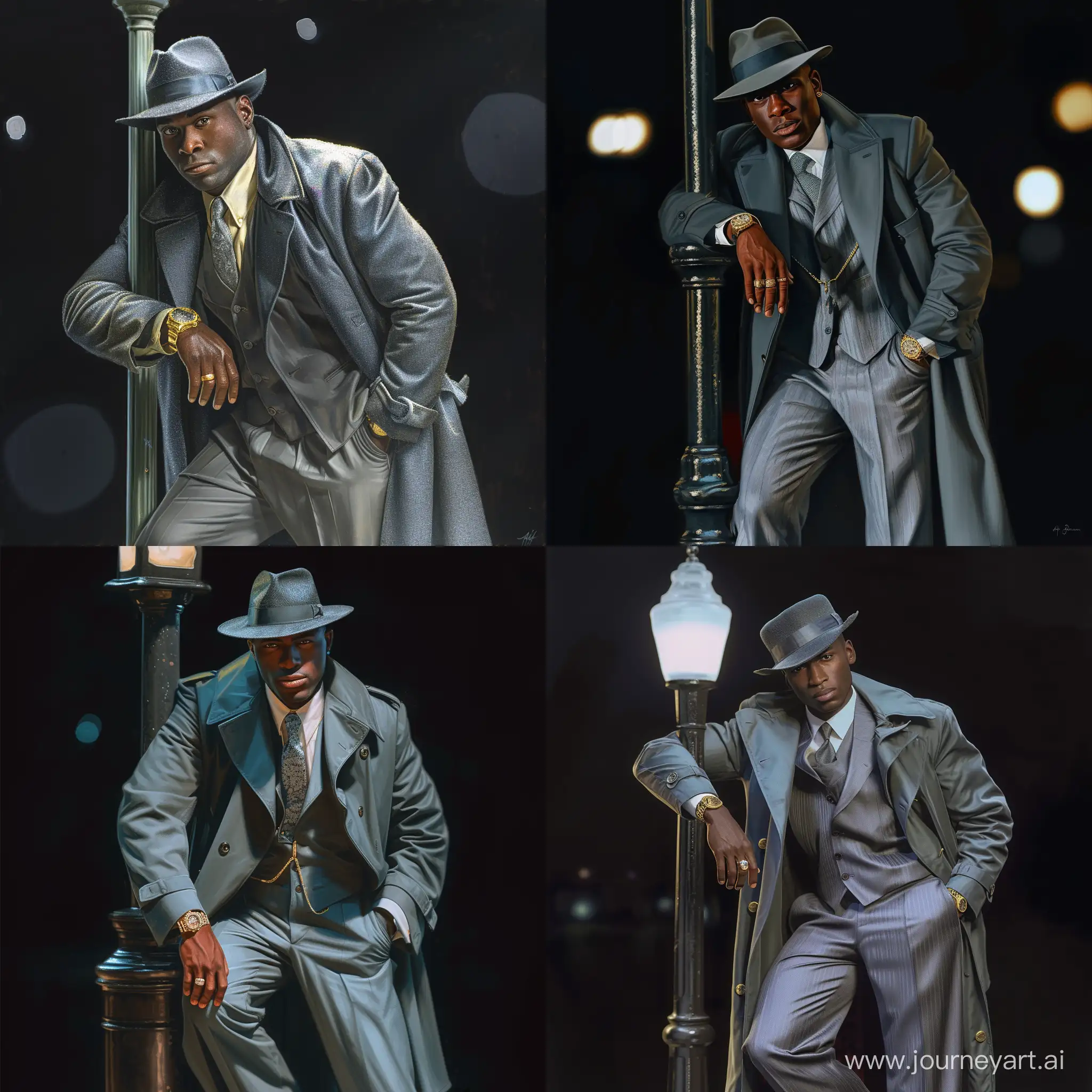 A 4K HDR 300DPI professional close vivid full-body view of a colorful glossy hyper-realistic oil painting of a detailed illustration full length photo single image of a of a Handsome African American man with dark skin tone  casually leaning on a lamp post, wearing a grey Fedora Hat. He is wearing an all-grey pant suit with a jacket, tie, Vest, black men dress shoes, gold watch, ring and a long grey Trench Coat. Blurred black light background. full image under the moonlight