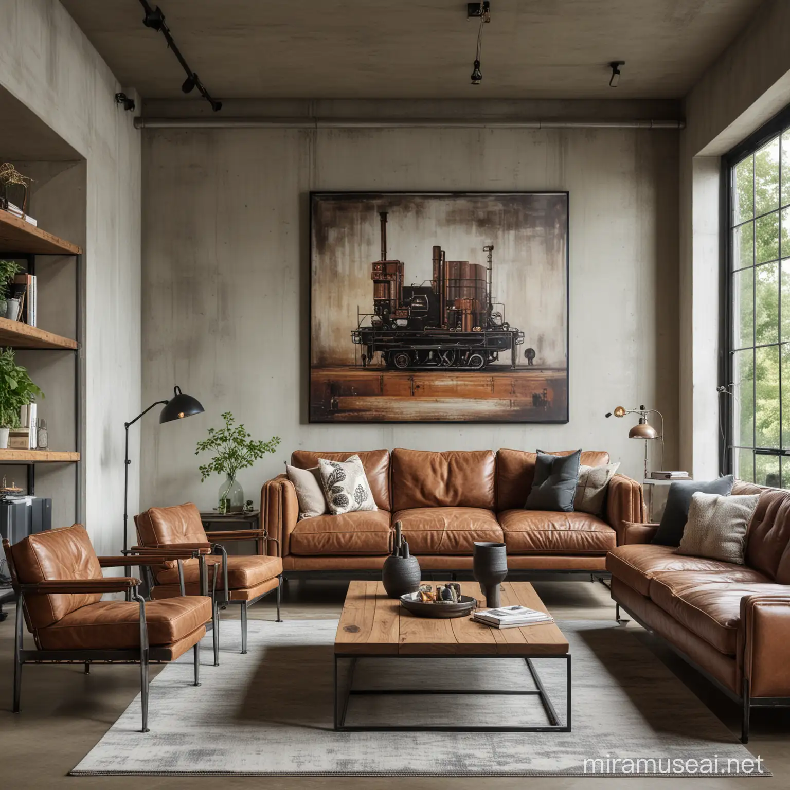 contemporary luxury modern living room featuring vintage industrial furniture and wall art