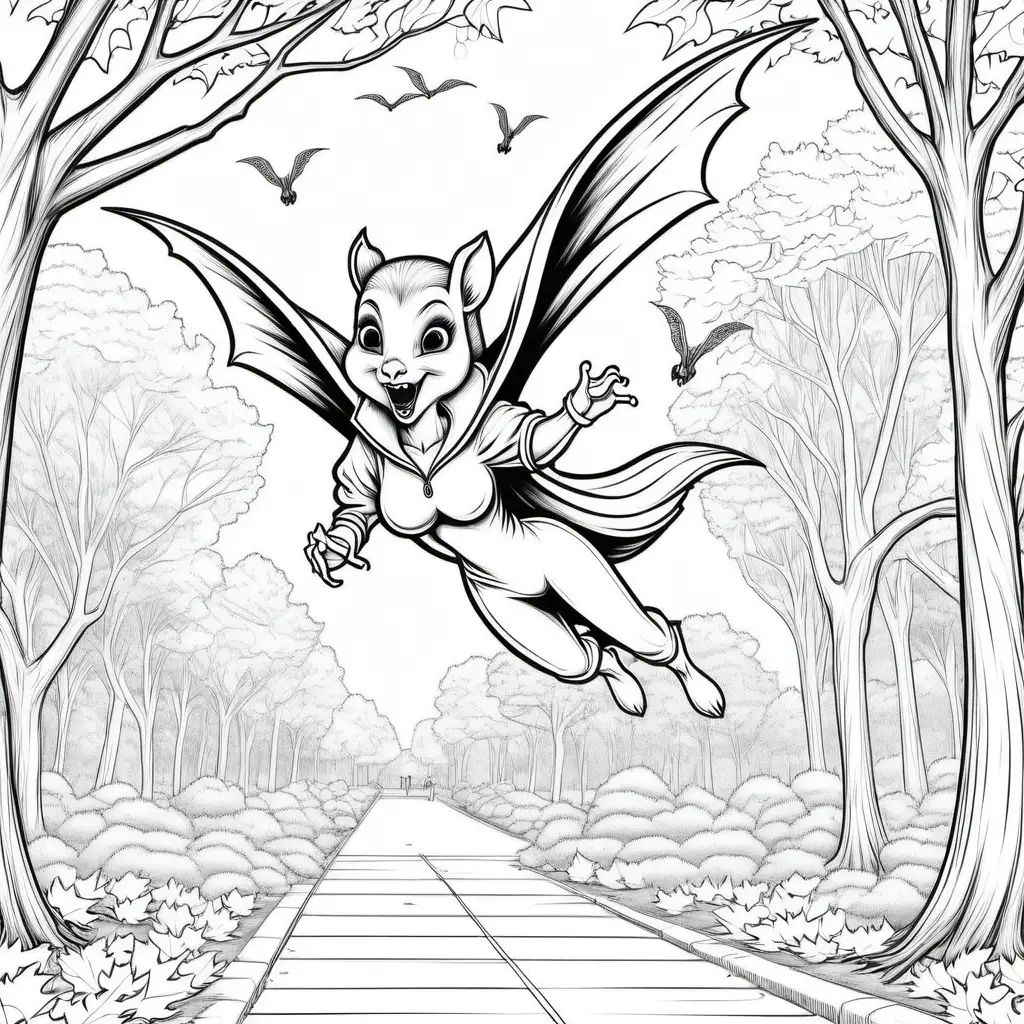 female vampires squirrels flying in the park, coloring pages for teens