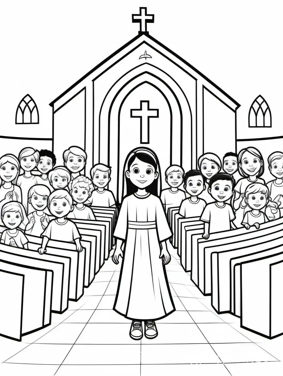 Church service, Coloring Page, black and white, line art, white background, Simplicity, Ample White Space. The background of the coloring page is plain white to make it easy for young children to color within the lines. The outlines of all the subjects are easy to distinguish, making it simple for kids to color without too much difficulty