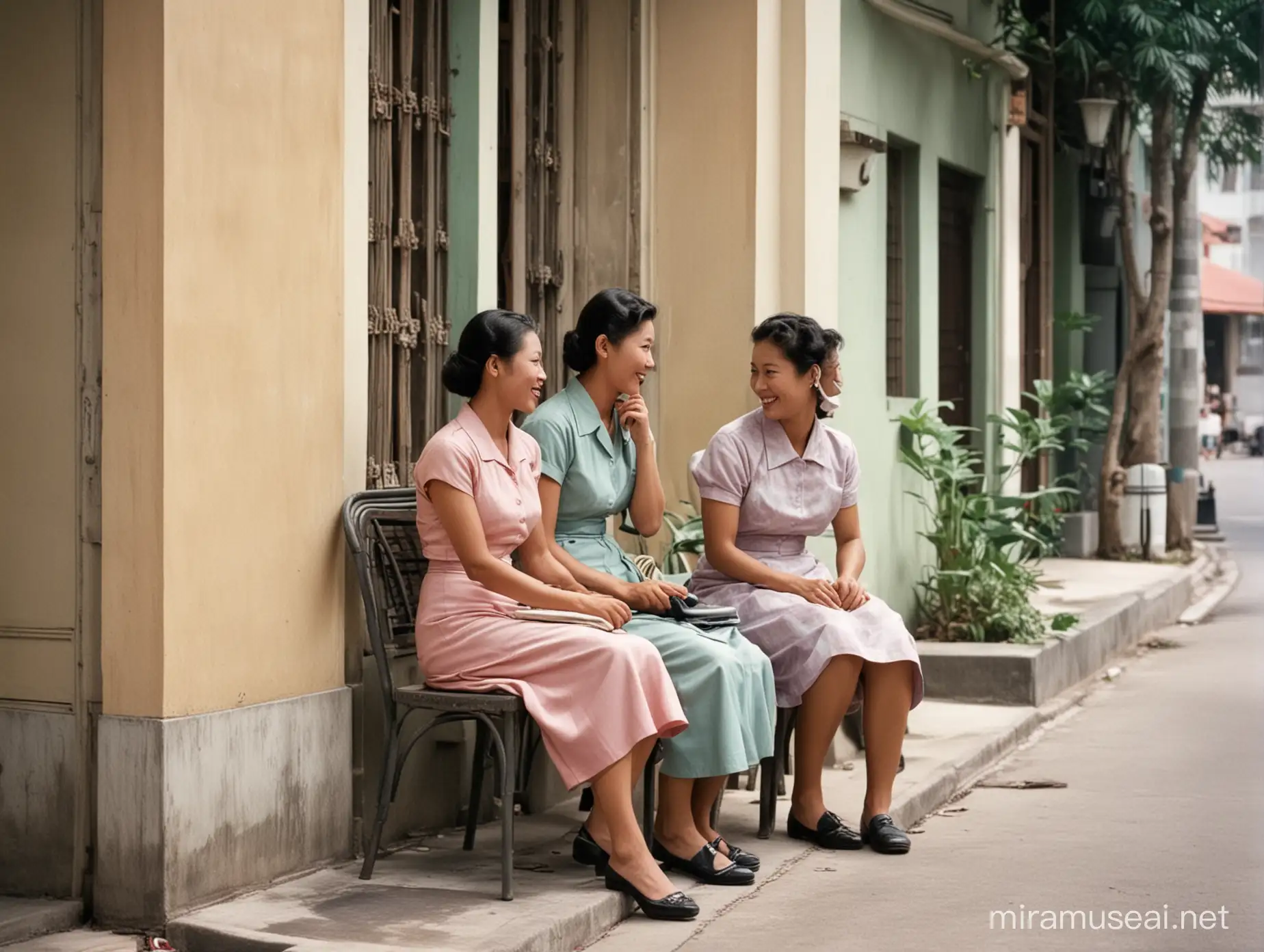 1950 Singapore in color. Two amahs, Chinese domestic workers chatting while seated by the street. 