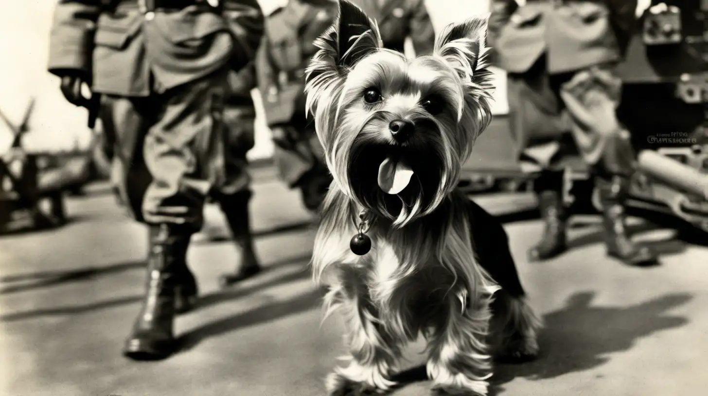 a real life cinamatic image of a Yorkshire Terrier war journey took her to the Pacific Theater, where she became the furry companion to soldiers in the 26th Photo Reconnaissance Squadron.

