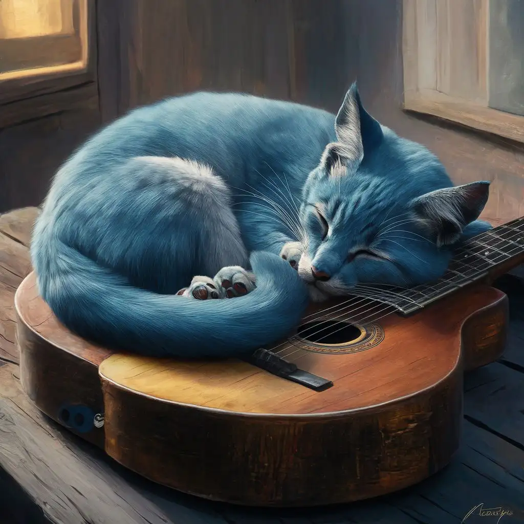 Blue-Feline-Asleep-on-a-Guitar