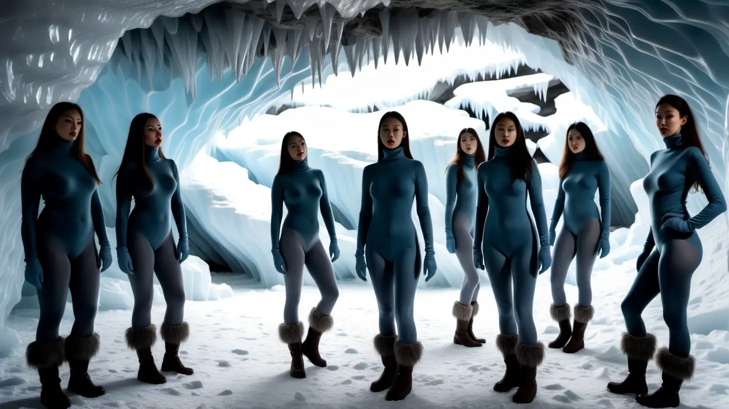 Many Slender women in prehistoric ice cave wearing thick dark grey opaque wool tights, ice blue turtleneck leotards, fur boots, exploring.