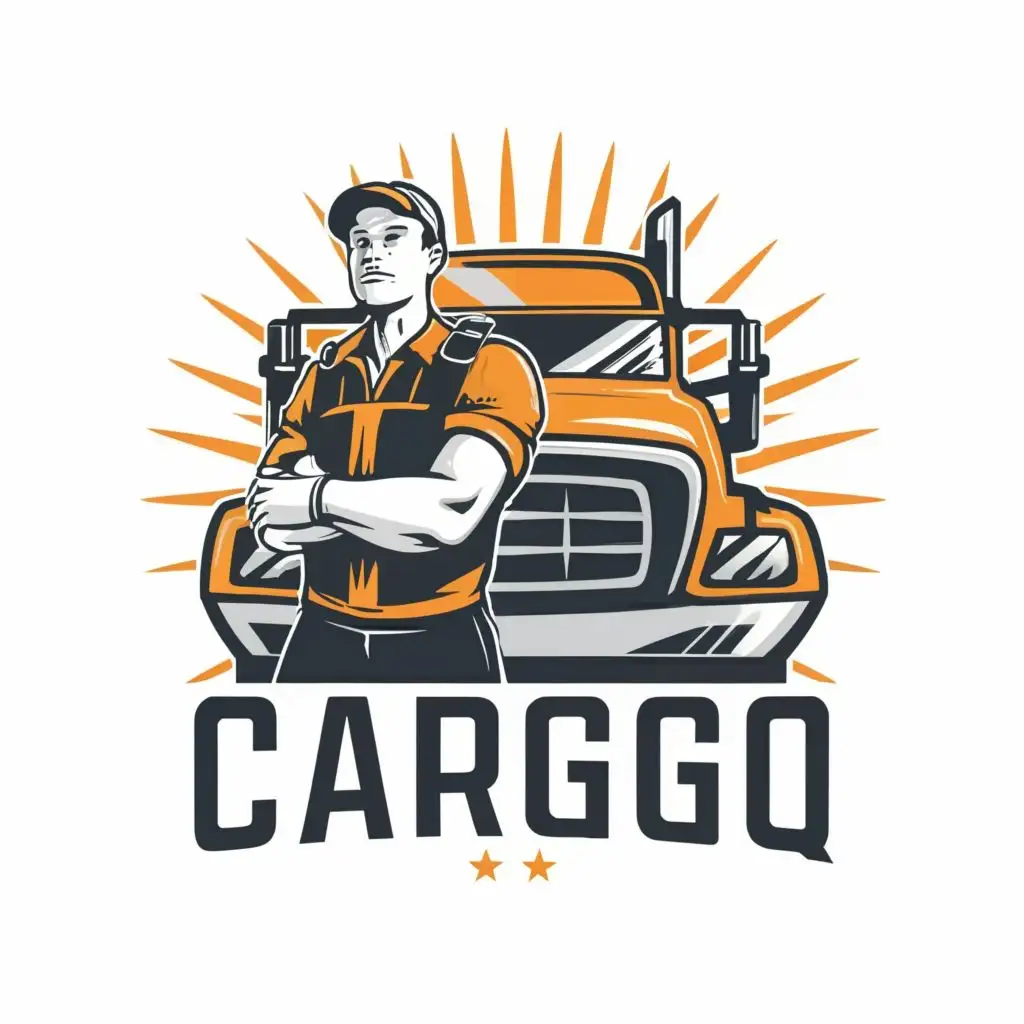logo, driver stands with his back to the truck, with the text "cargo", typography, be used in Entertainment industry