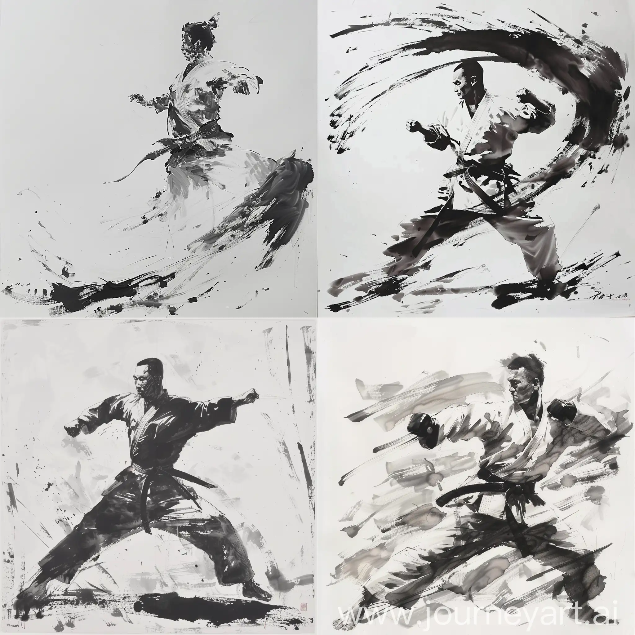 a black and white painting of karatist in dinamic pose on a white background, in the style of Cai Dongdong