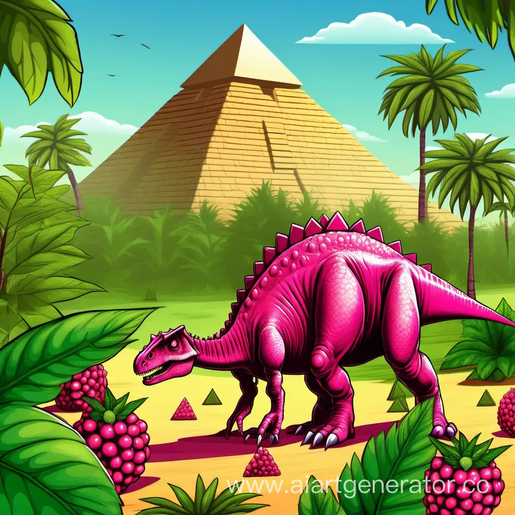 Динозавр стоит возле кустов малины и пирамиды