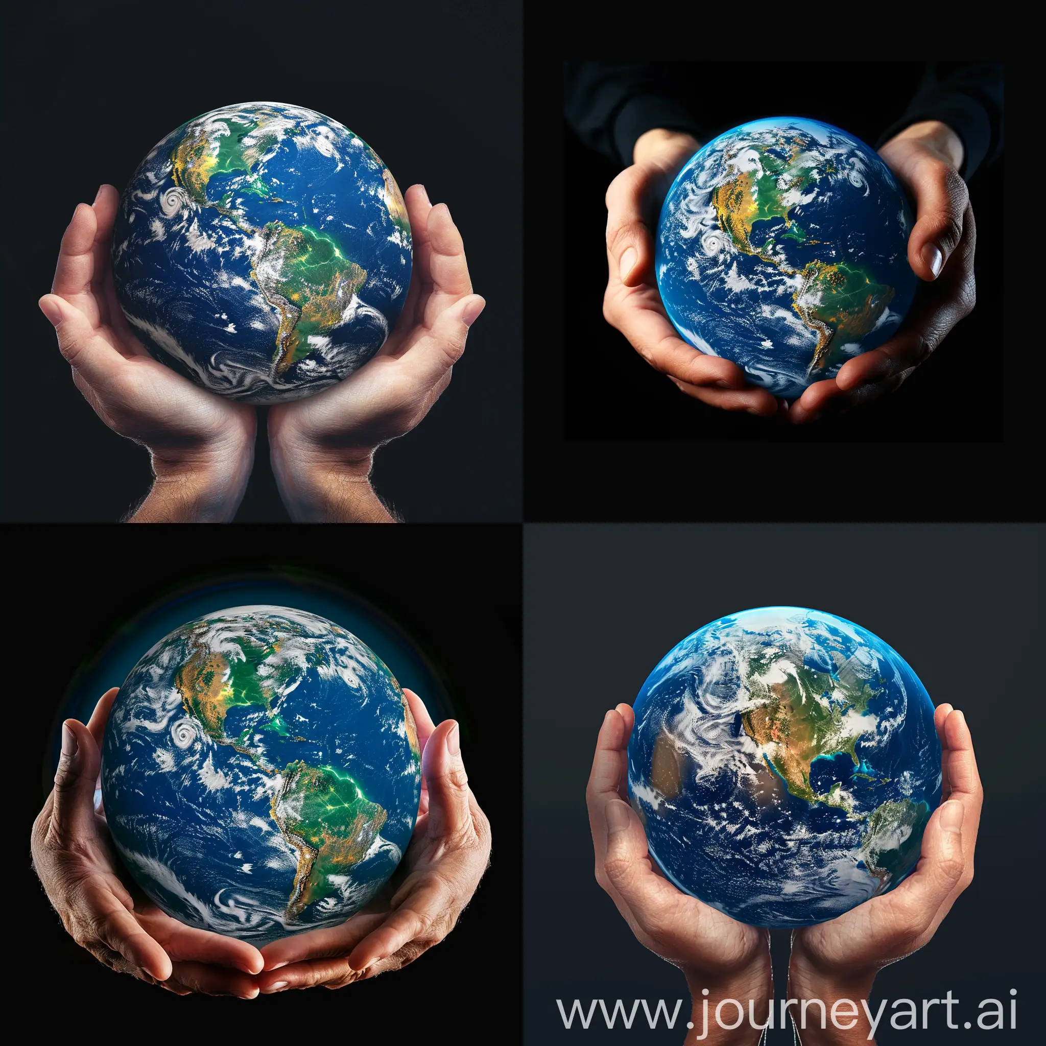Generate a super realistic image with two hands holding the Earth, into enchants beauty , ready for traveling and exploring. Make it landscape wide